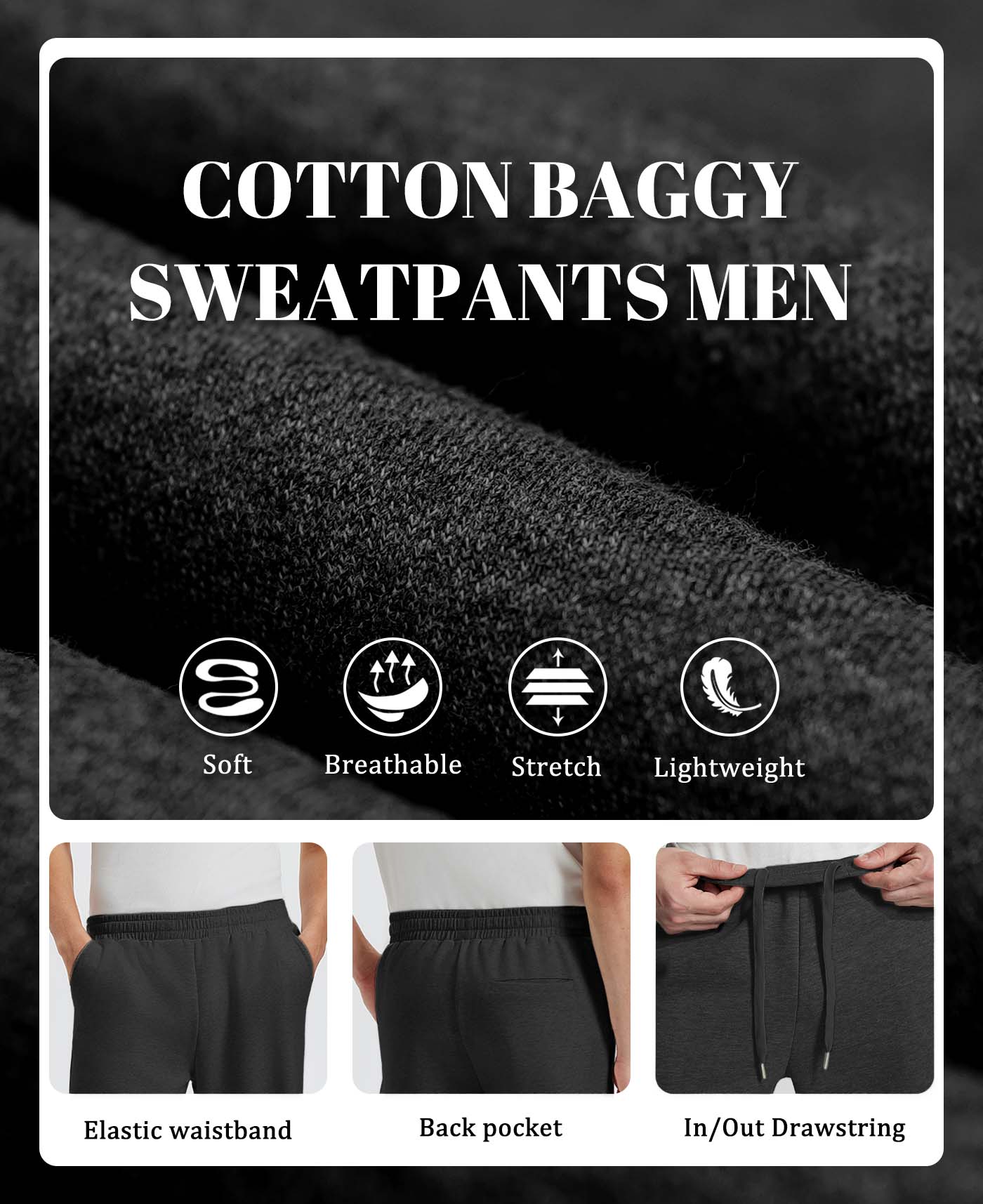 Men's black baggy sweatpants details: fabric, drawstring, elastic waistband and pocket.