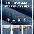 Men's blue baggy sweatpants details: fabric, drawstring, elastic waistband and pocket.
