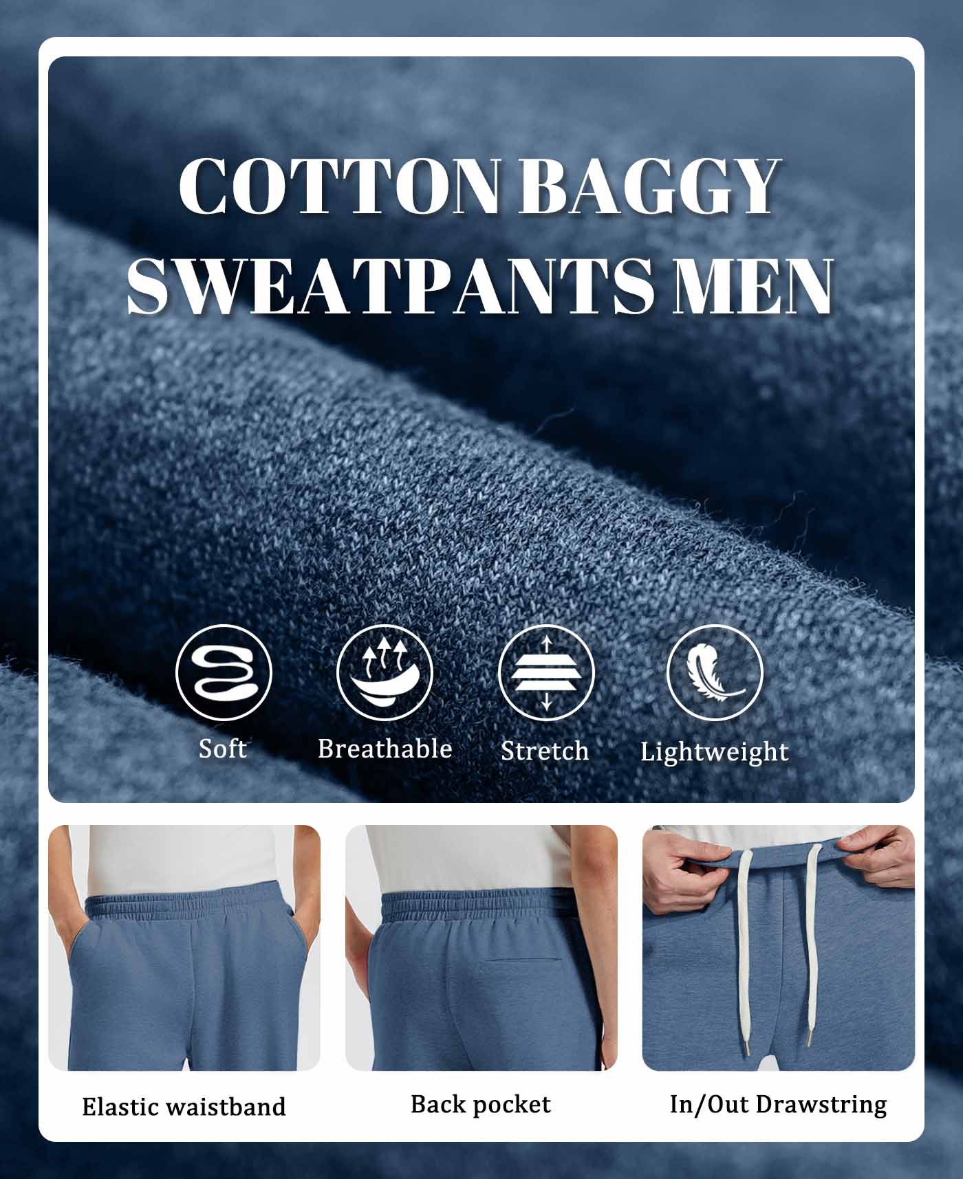 Men's blue baggy sweatpants details: fabric, drawstring, elastic waistband and pocket.