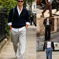 Men's Old Money casual outfit ideas featuring wide-leg sweatpants, paired with a half-zip knit sweater, white button-down shirt, leather jacket, and clean sneakers for a sophisticated relaxed street style.