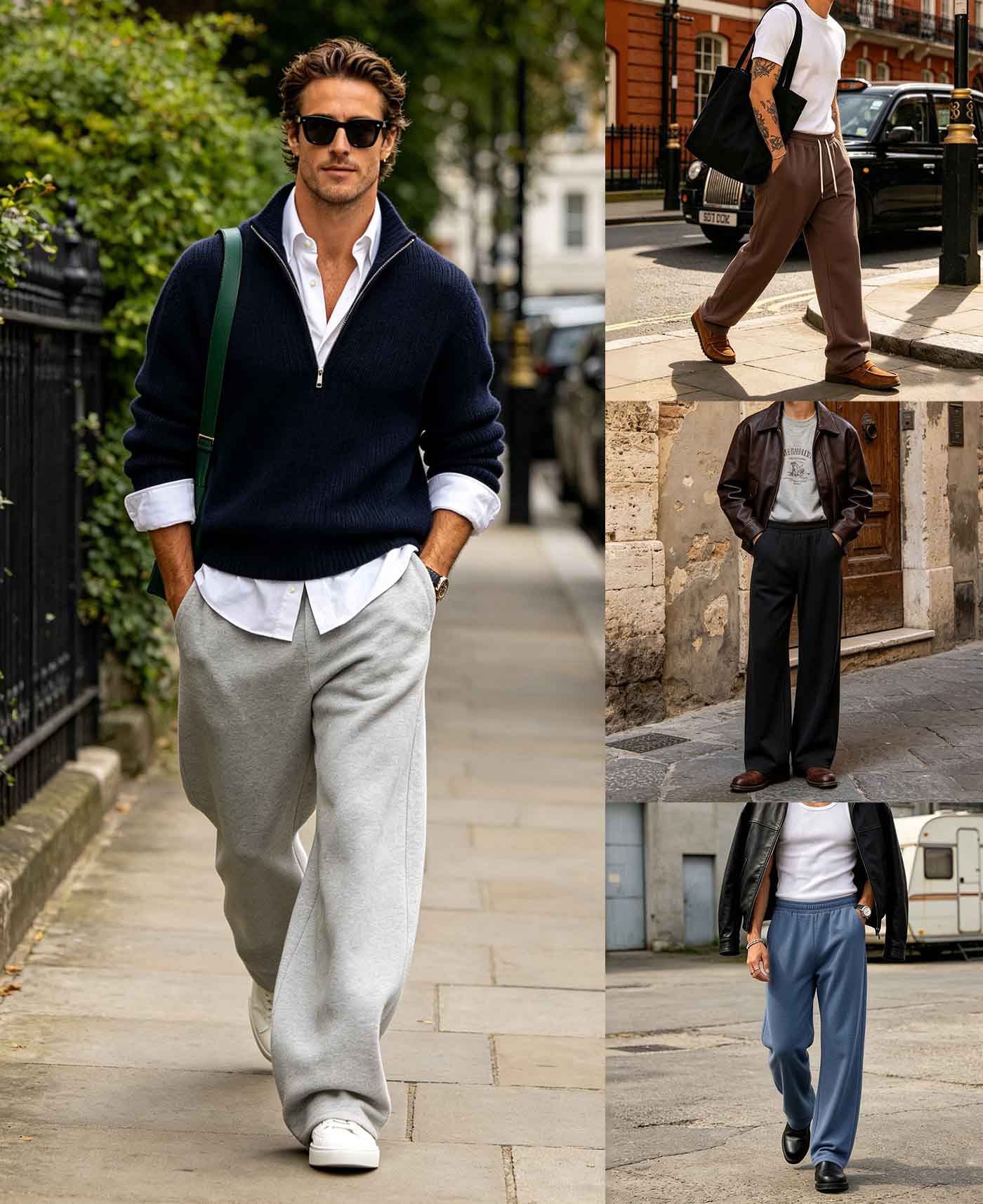 Men's Old Money casual outfit ideas featuring wide-leg sweatpants, paired with a half-zip knit sweater, white button-down shirt, leather jacket, and clean sneakers for a sophisticated relaxed street style.