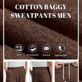 Men's coffee baggy sweatpants details: fabric, drawstring, elastic waistband and pocket.
