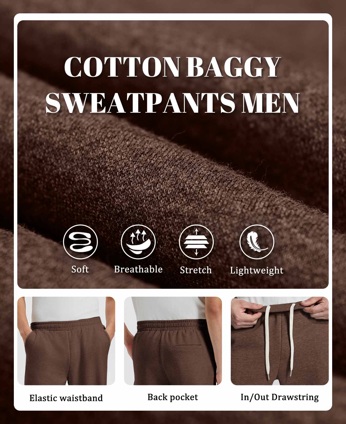 Men's coffee baggy sweatpants details: fabric, drawstring, elastic waistband and pocket.