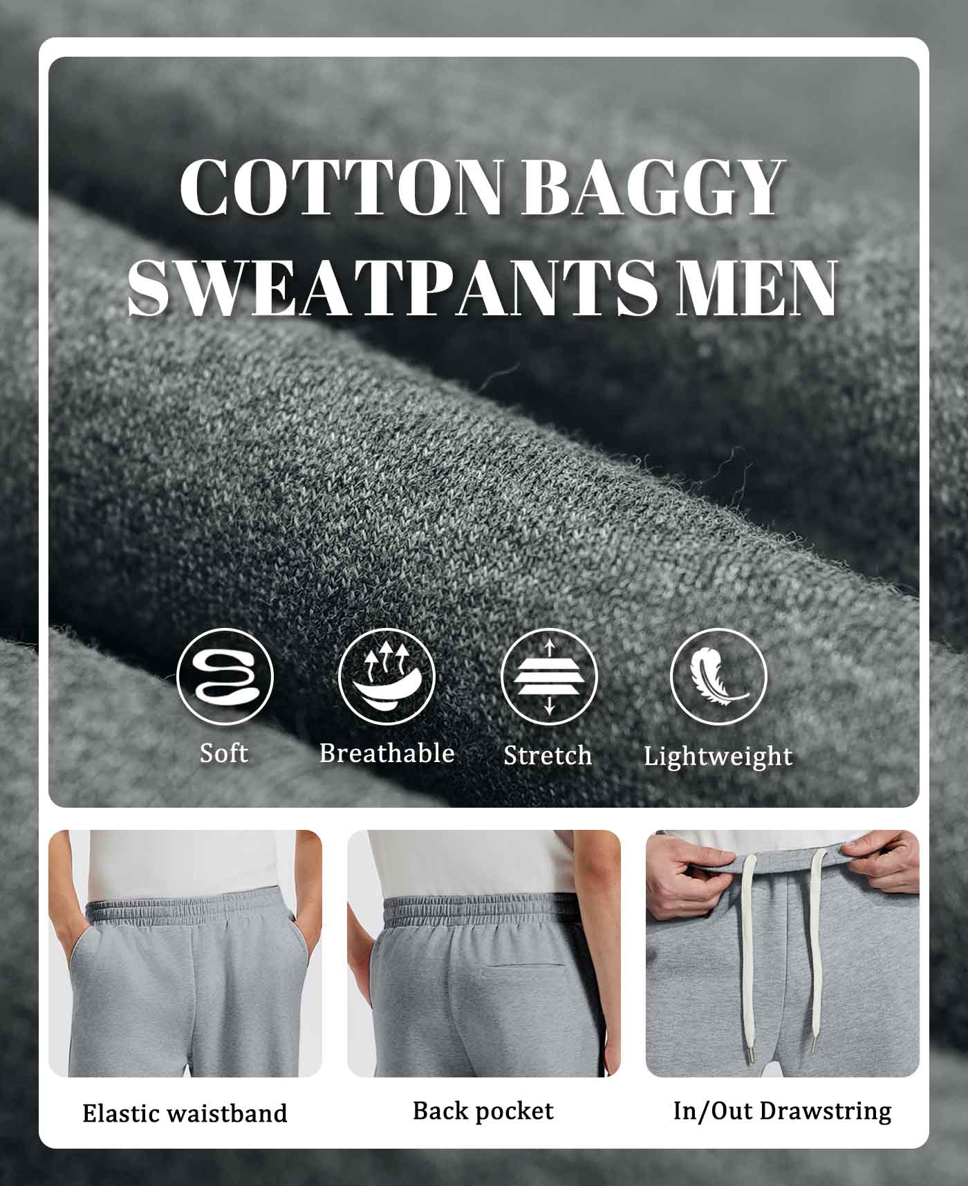 Men's dark grey baggy sweatpants details: fabric, drawstring, elastic waistband and pocket.