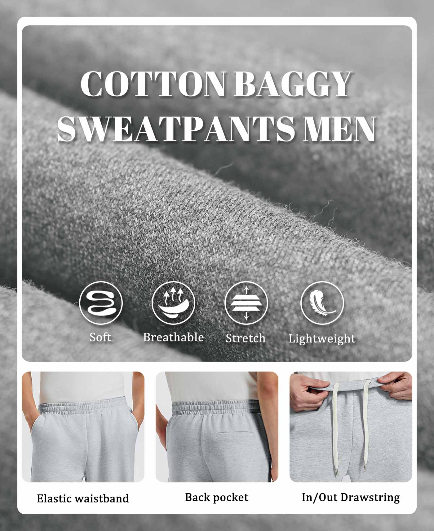 Men's light grey baggy sweatpants details: fabric, drawstring, elastic waistband and pocket.