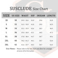 SUSCLUDE men's wide-leg pants size chart with waist, hip, inseam, and total length measurements (XS to 3XL, US 30-42) in inches, including error margin note.