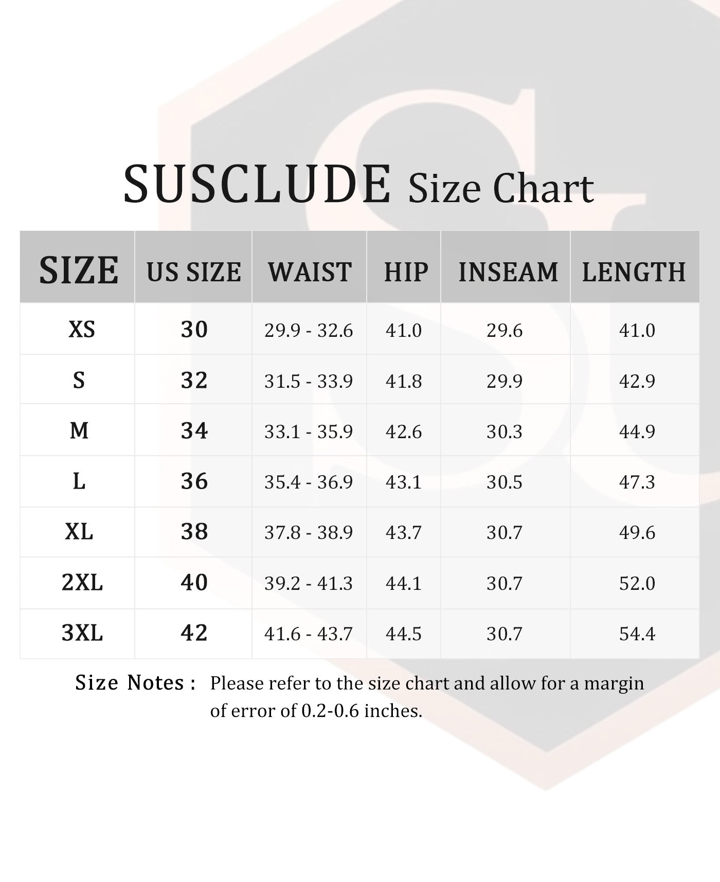 SUSCLUDE men's wide-leg pants size chart with waist, hip, inseam, and total length measurements (XS to 3XL, US 30-42) in inches, including error margin note.