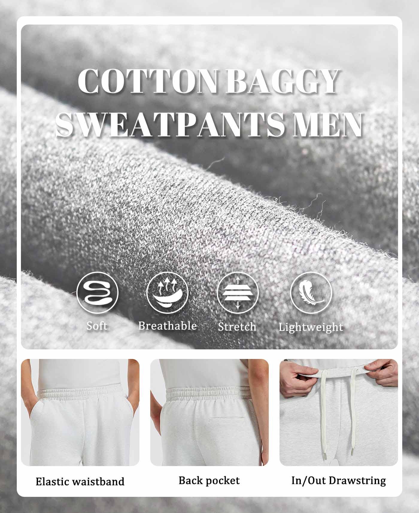Men's white grey baggy sweatpants details: fabric, drawstring, elastic waistband and pocket.