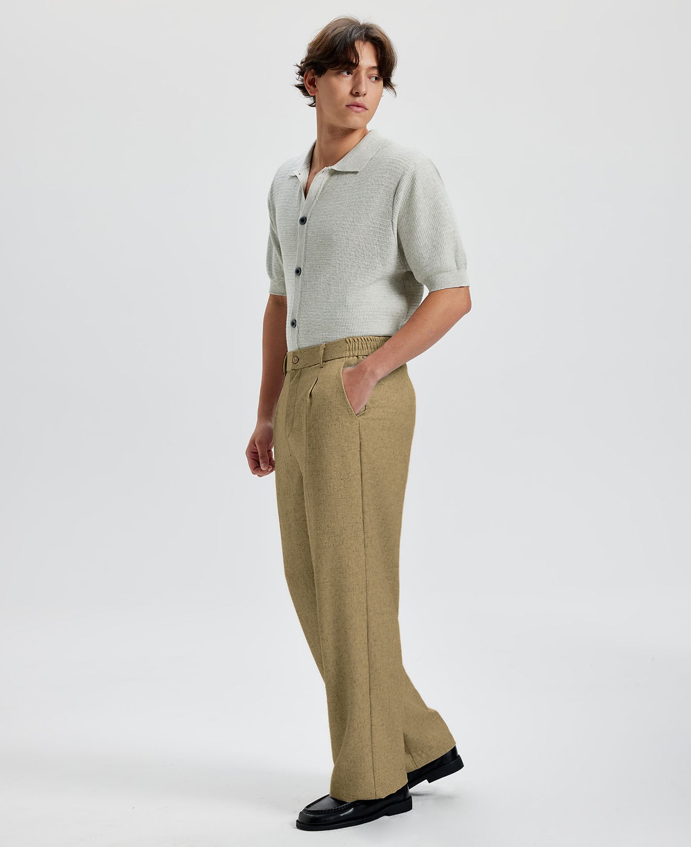 Mens Wide Leg Linen Pants – Classic Button & Inner Drawstring