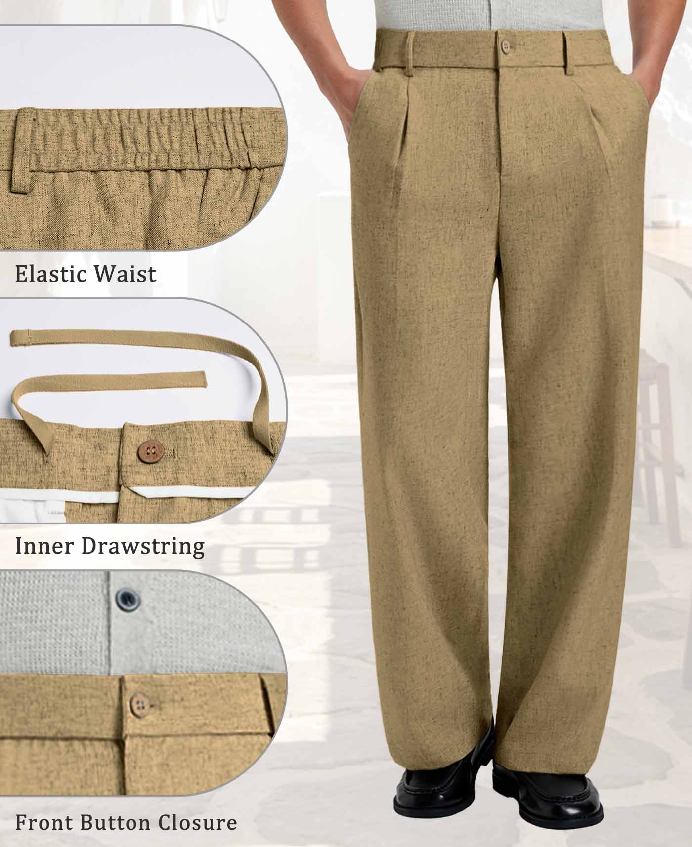 Mens Wide Leg Linen Pants – Classic Button & Inner Drawstring