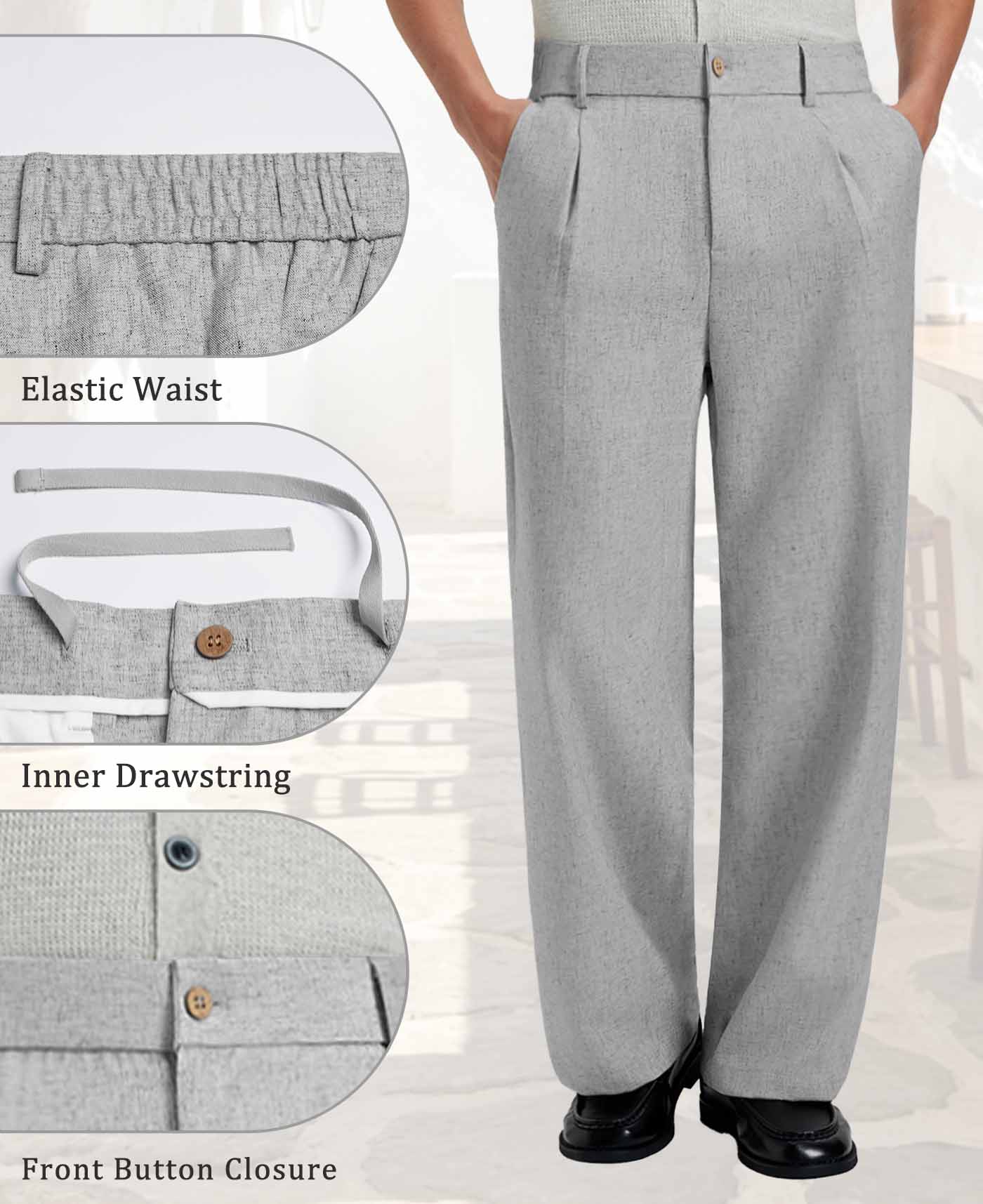 Mens Wide Leg Linen Pants – Classic Button & Inner Drawstring
