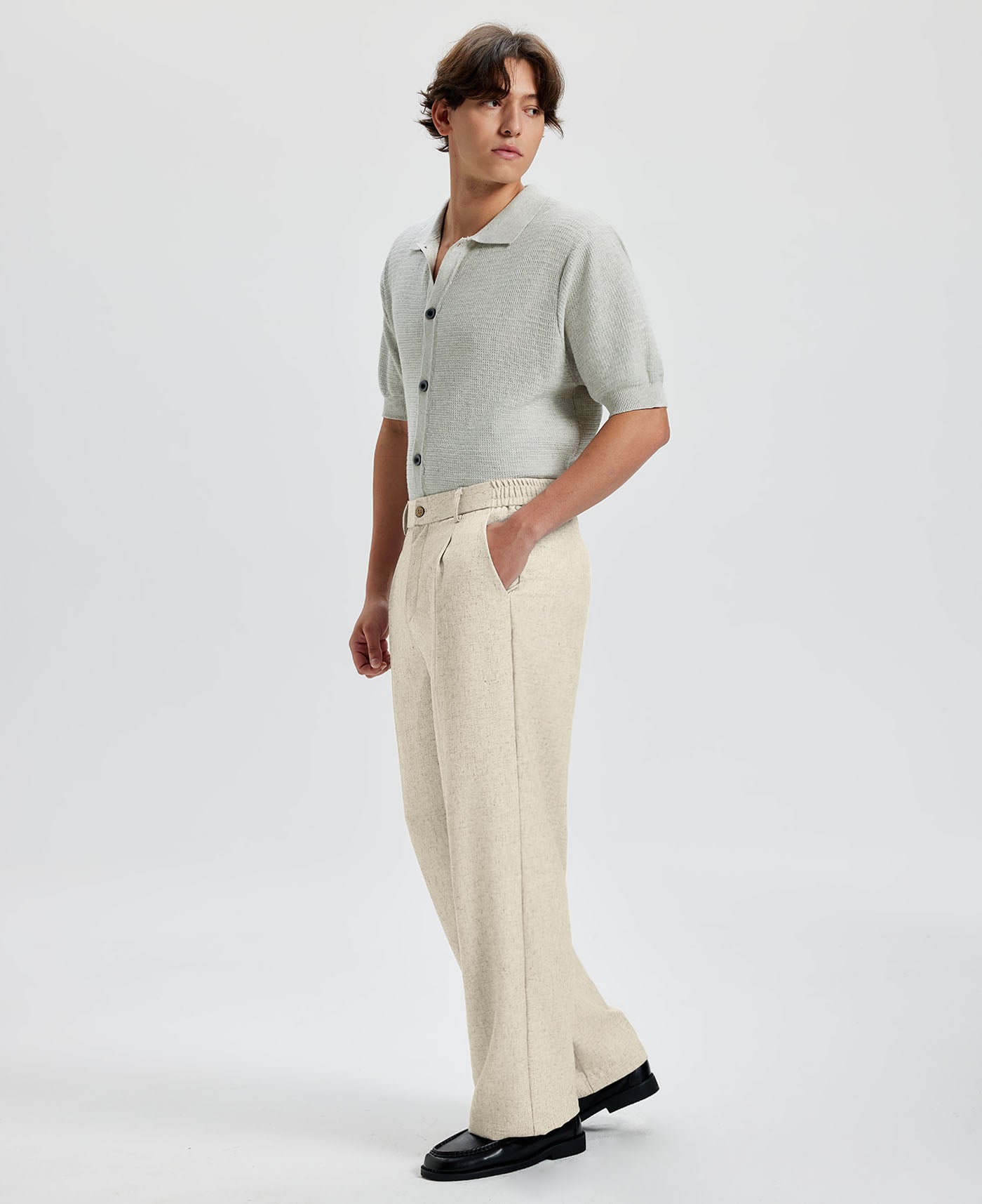 Mens Wide Leg Linen Pants – Classic Button & Inner Drawstring