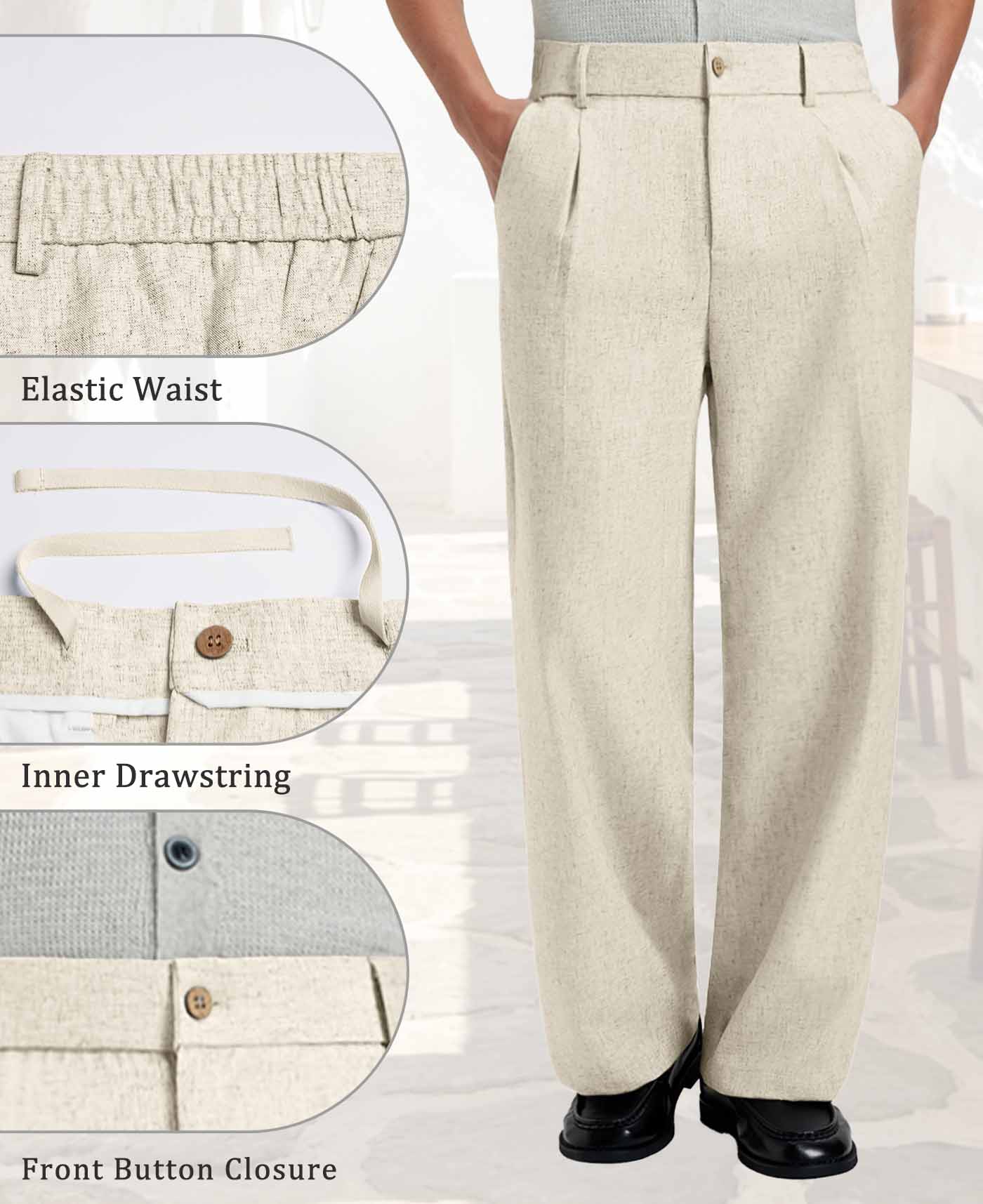 Mens Wide Leg Linen Pants – Classic Button & Inner Drawstring
