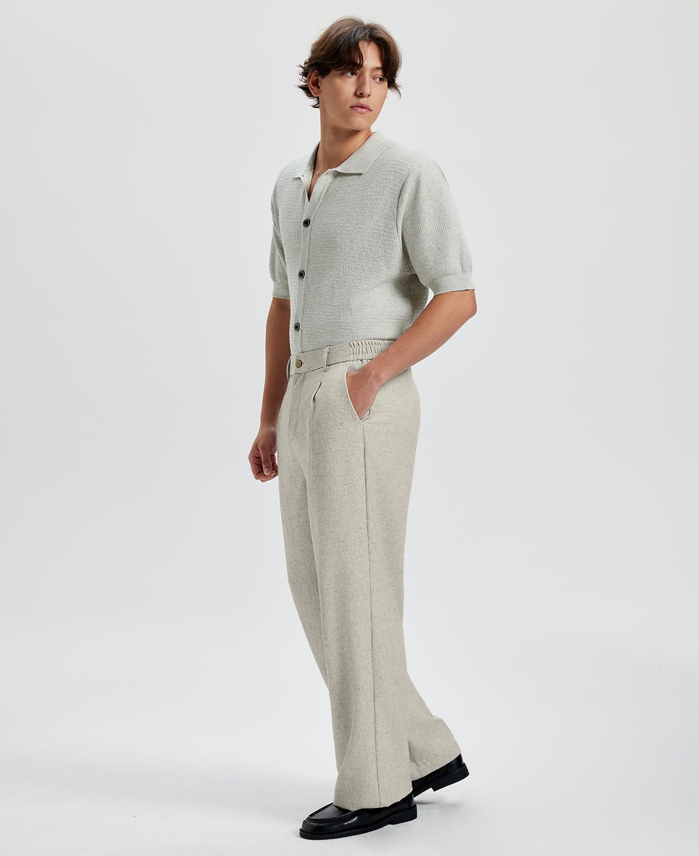 Mens Wide Leg Linen Pants – Classic Button & Inner Drawstring