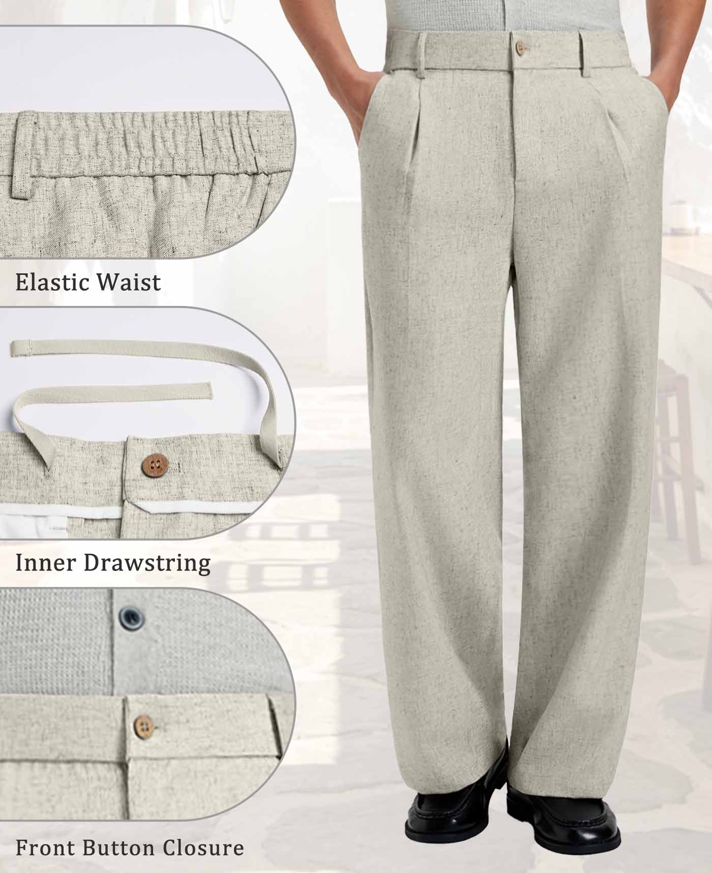 Mens Wide Leg Linen Pants – Classic Button & Inner Drawstring