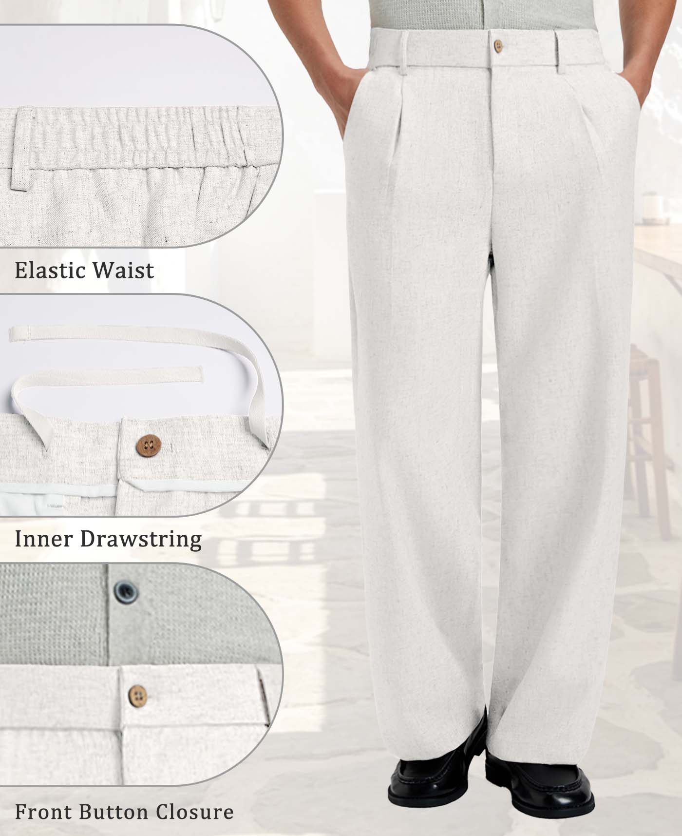 Mens Wide Leg Linen Pants – Classic Button & Inner Drawstring