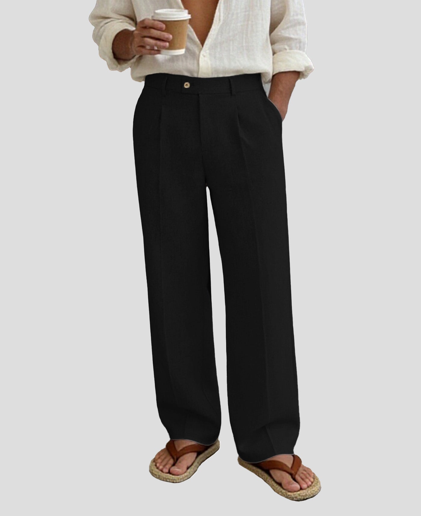 Mens Wide Leg Linen Pants – Square Waistband & Inner Drawstring