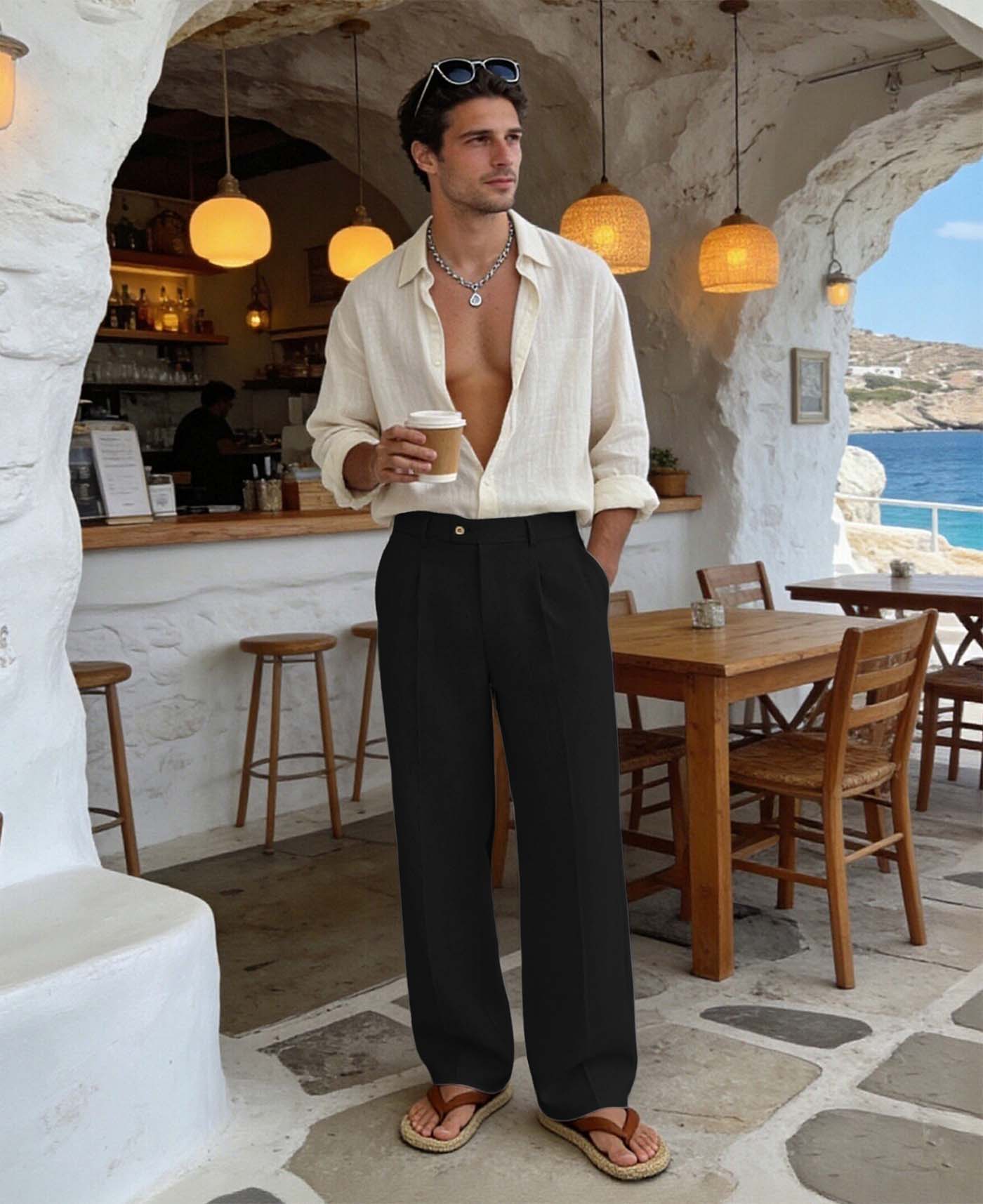Mens Wide Leg Linen Pants – Square Waistband & Inner Drawstring