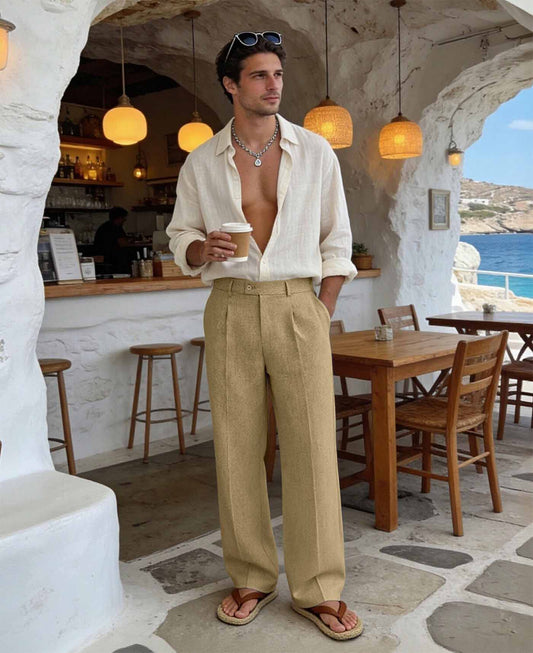 Mens Wide Leg Linen Pants – Square Waistband & Inner Drawstring