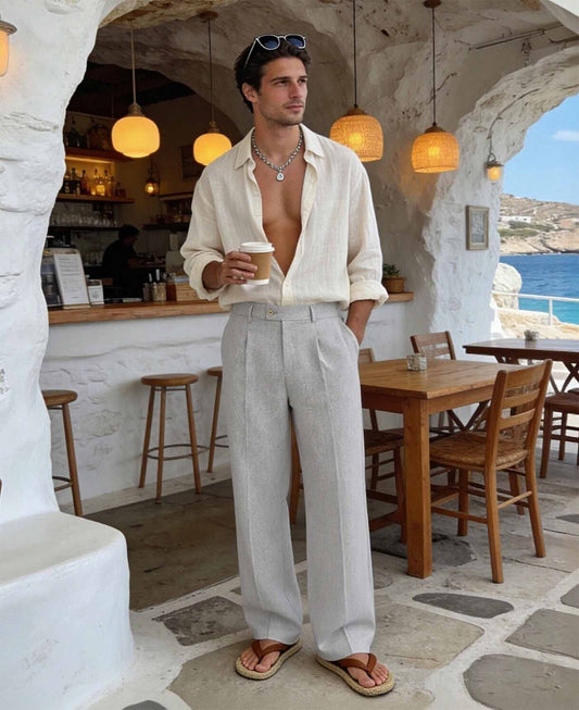 Mens Wide Leg Linen Pants – Square Waistband & Inner Drawstring