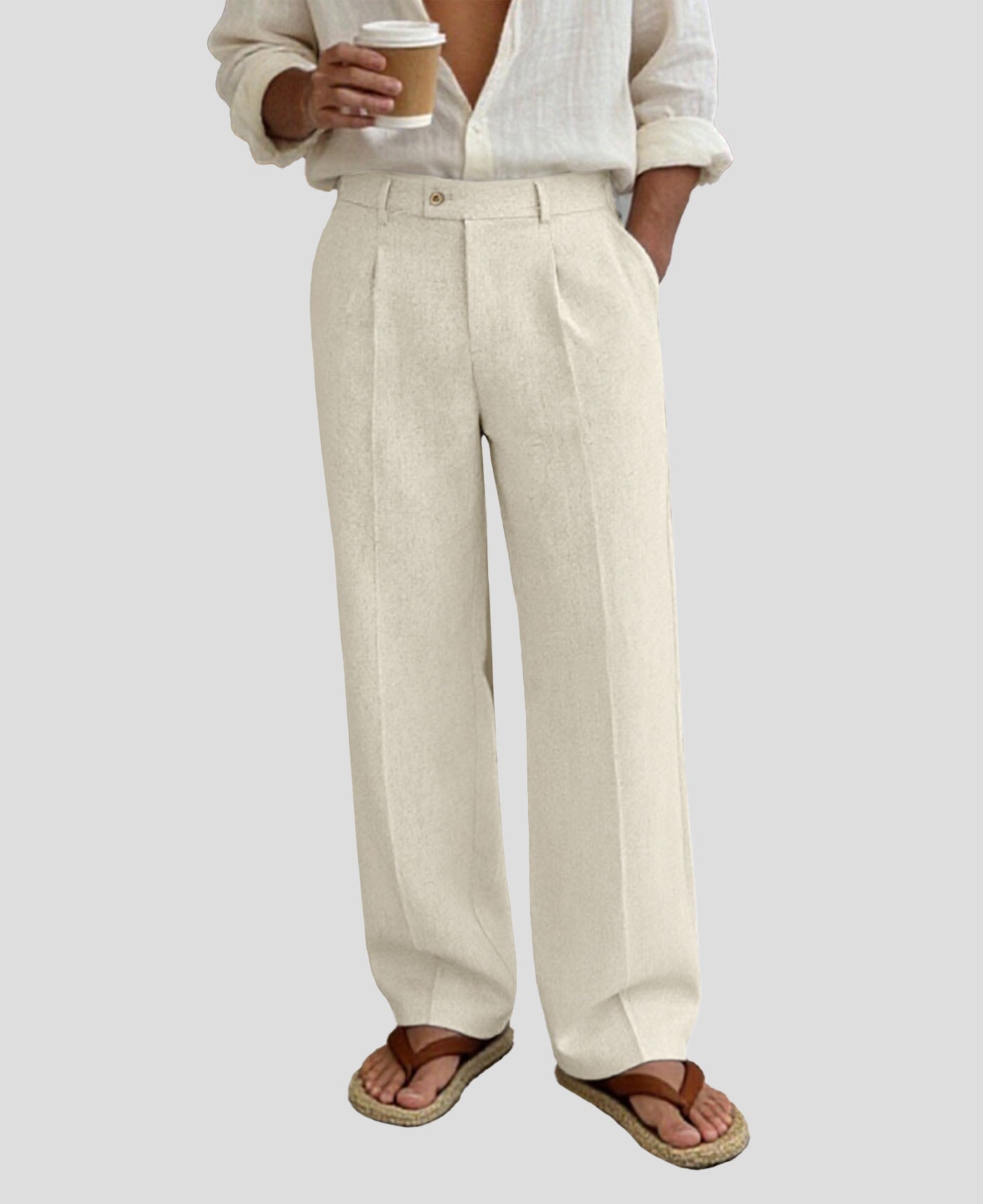 Mens Wide Leg Linen Pants – Square Waistband & Inner Drawstring