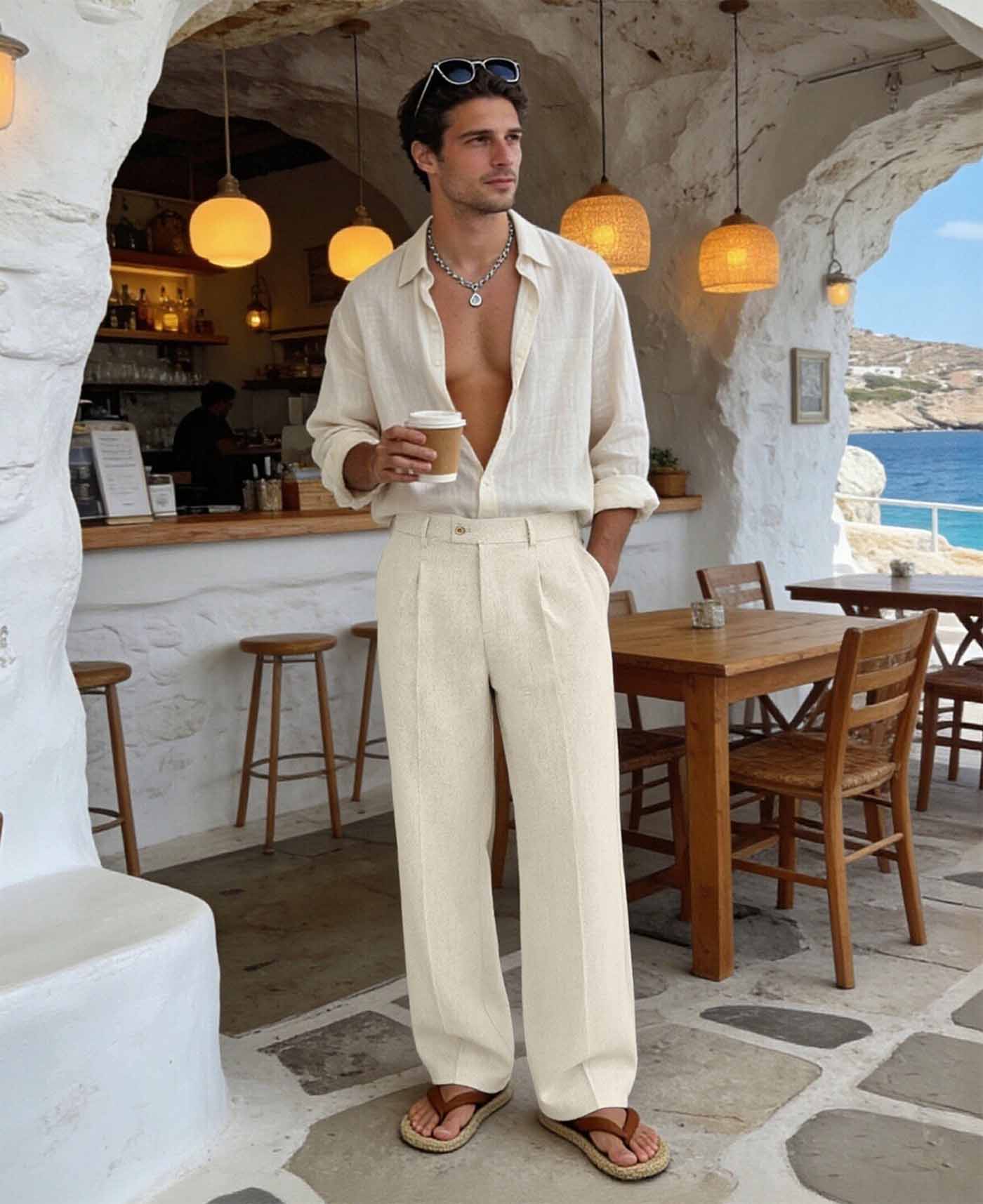 Mens Wide Leg Linen Pants – Square Waistband & Inner Drawstring