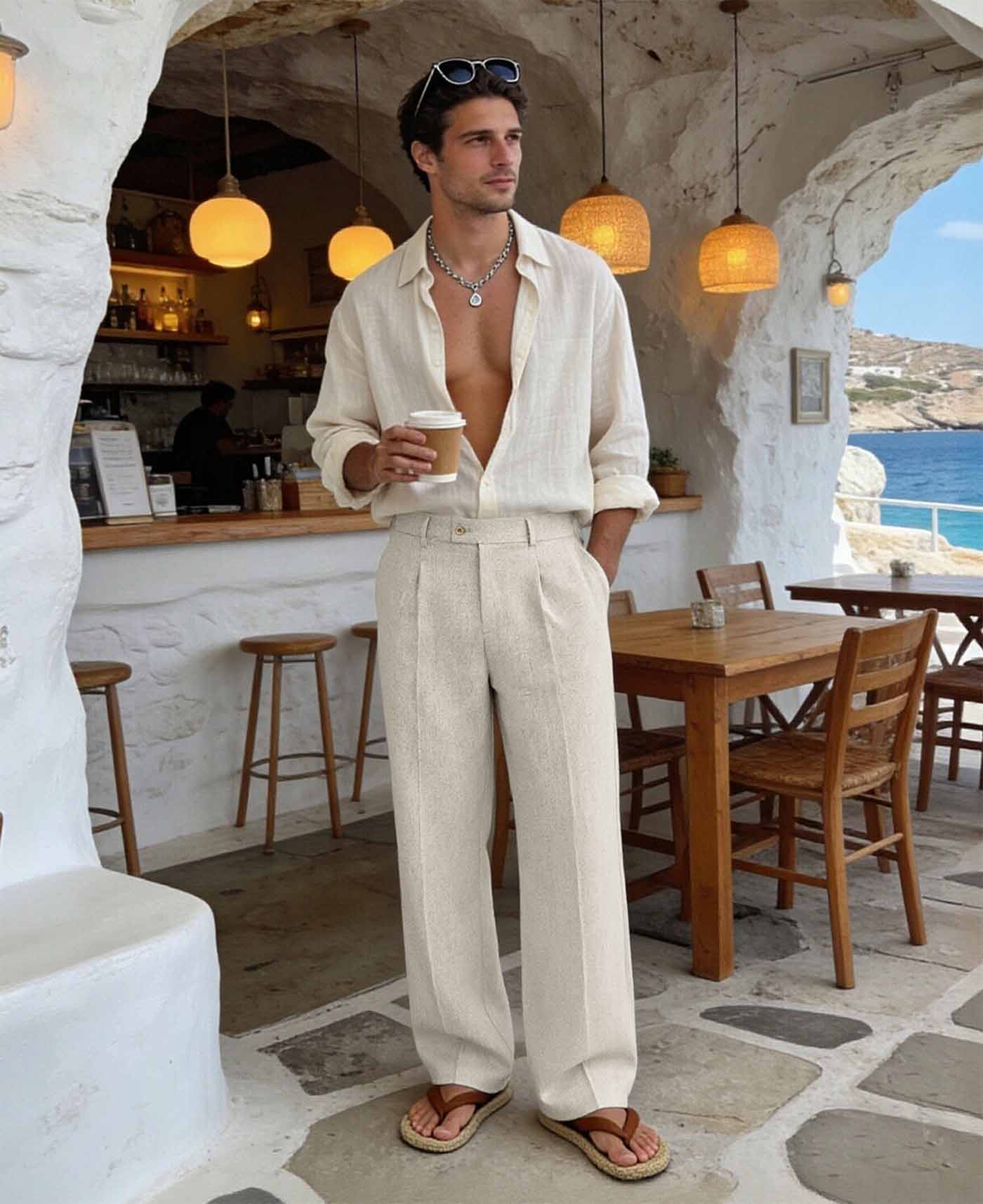 Mens Wide Leg Linen Pants – Square Waistband & Inner Drawstring