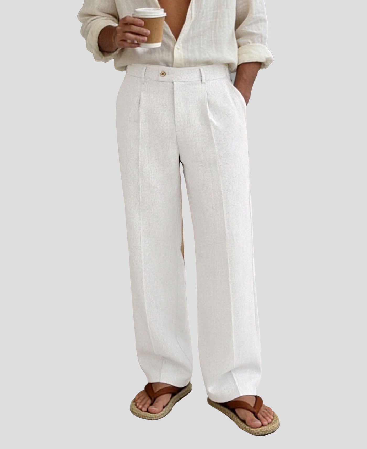 Mens Wide Leg Linen Pants – Square Waistband & Inner Drawstring