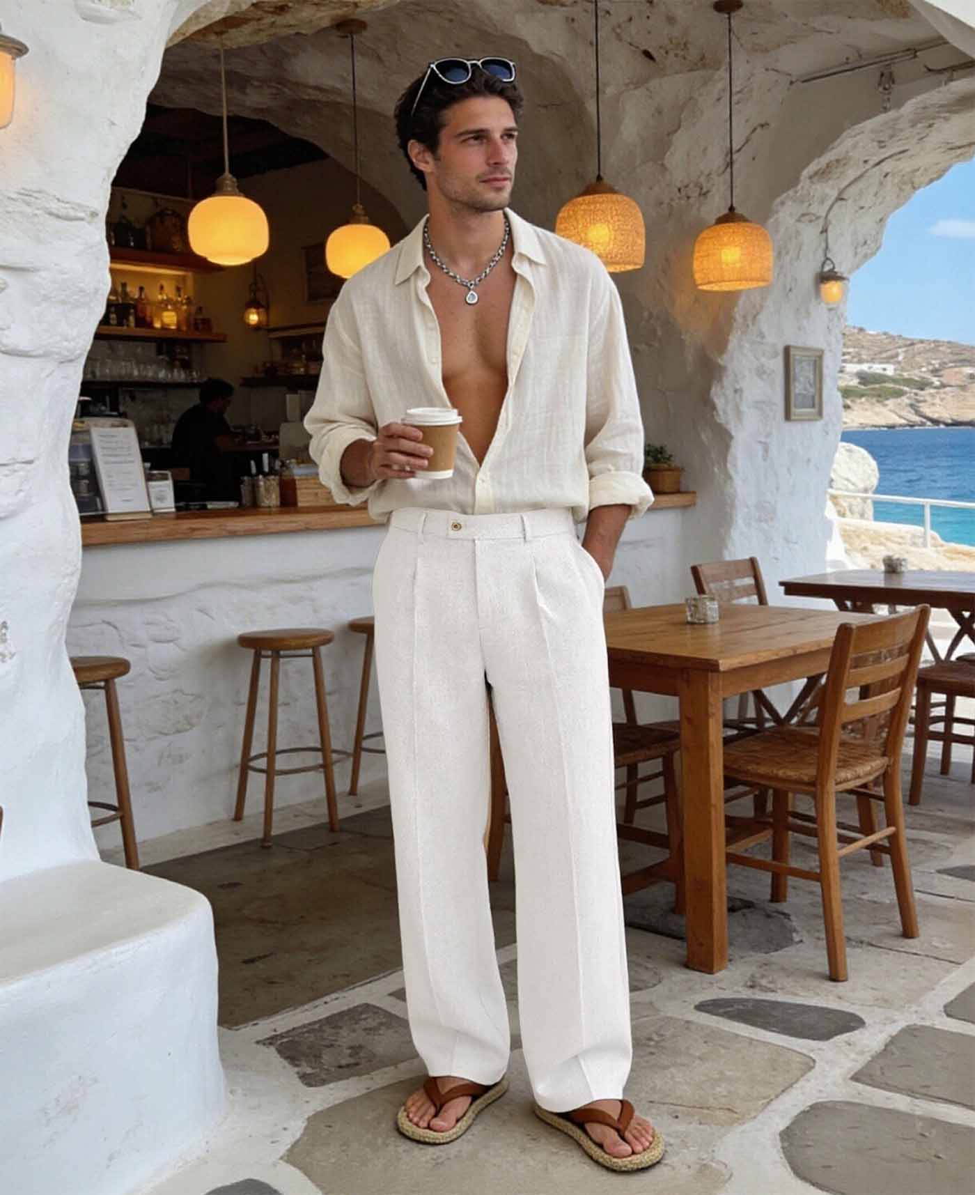 Mens Wide Leg Linen Pants – Square Waistband & Inner Drawstring