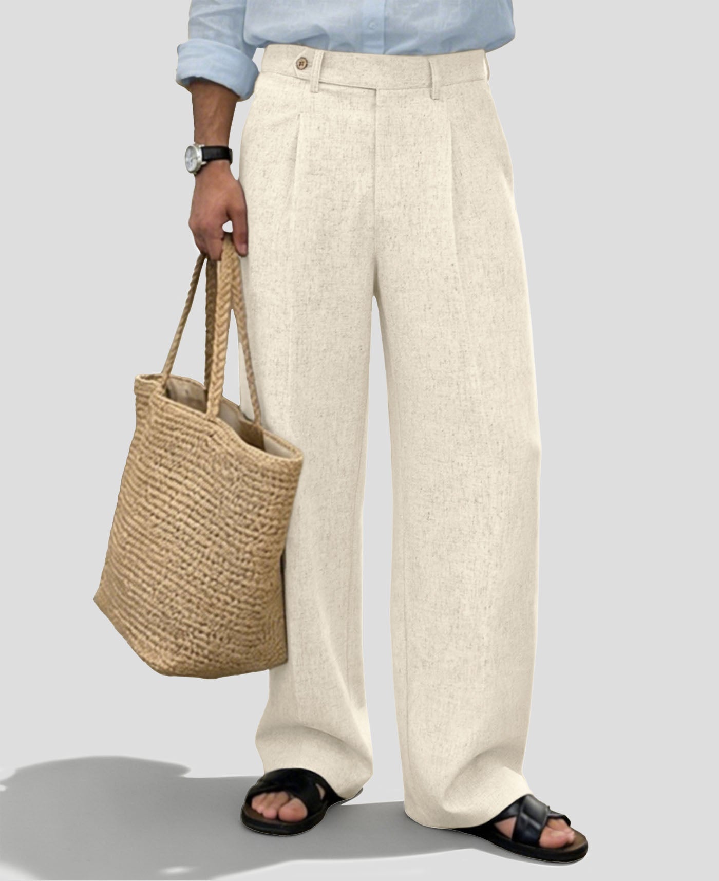 Mens Wide Leg Linen Pants – Sword-shaped Tab & Inner Drawstring
