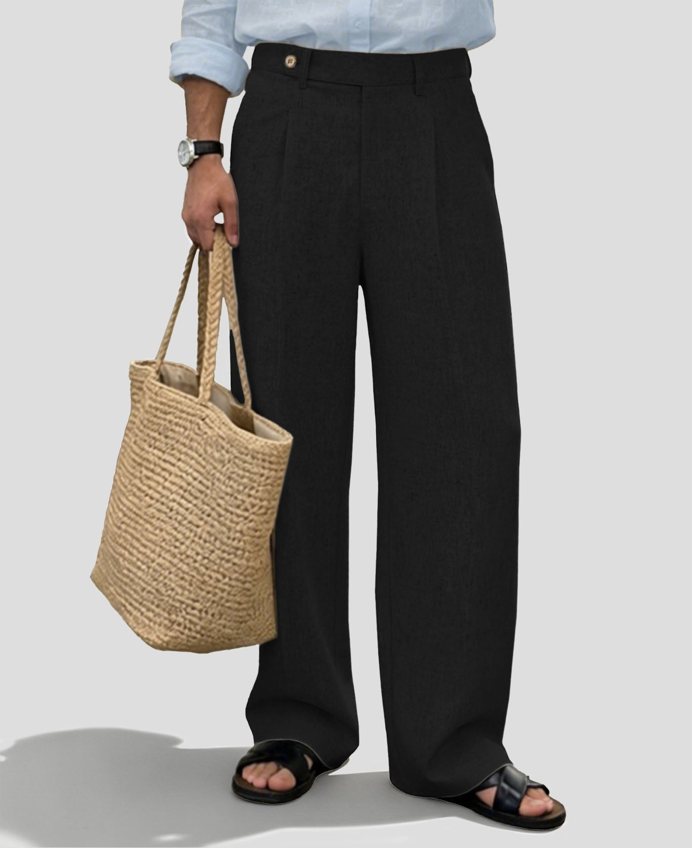 Mens Wide Leg Linen Pants – Sword-shaped Tab & Inner Drawstring