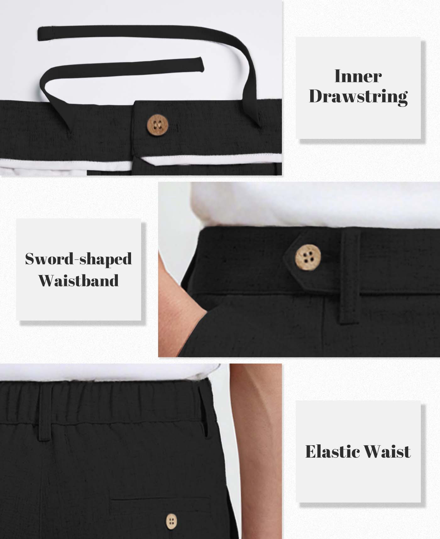 Mens Wide Leg Linen Pants – Sword-shaped Tab & Inner Drawstring