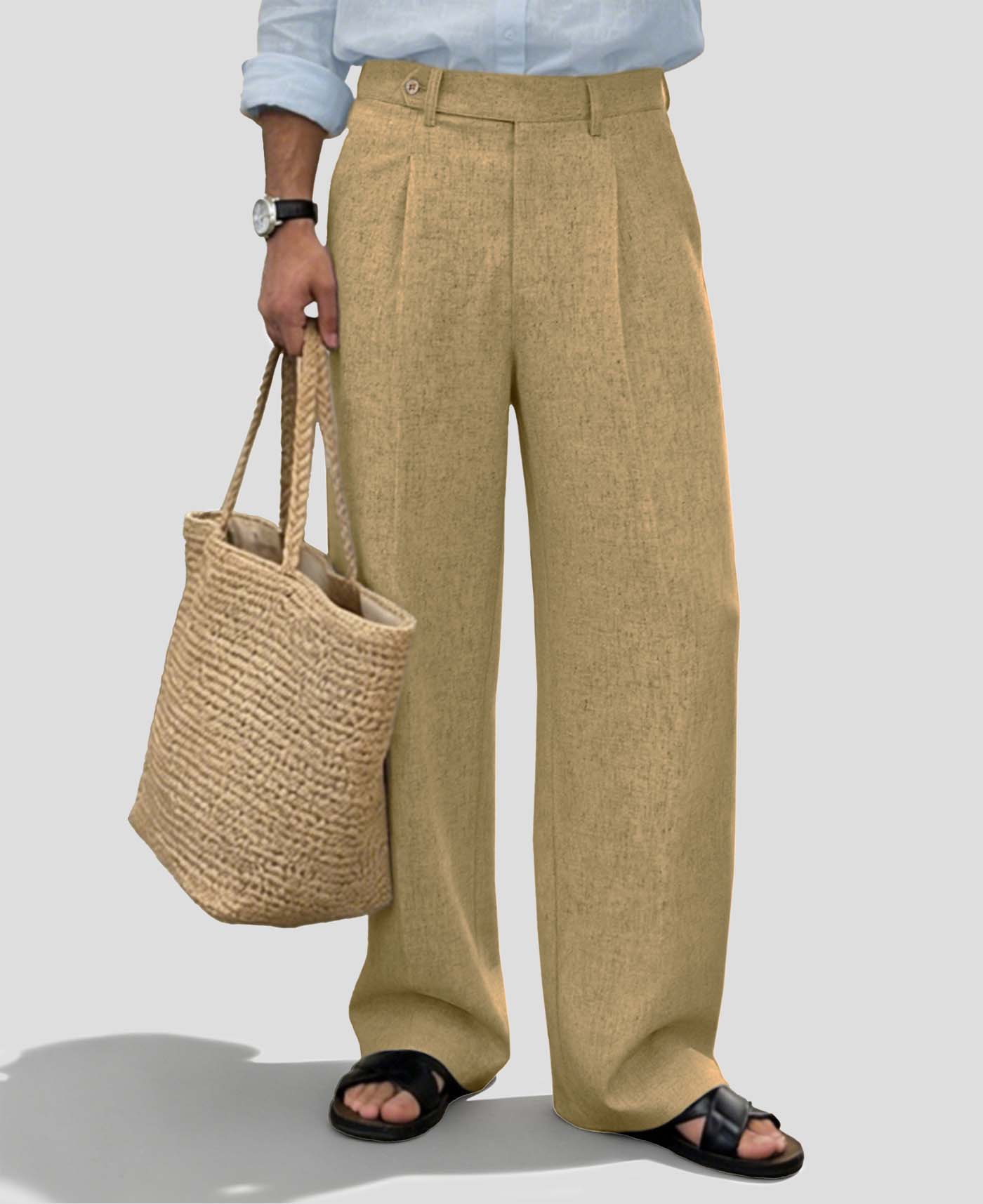 Mens Wide Leg Linen Pants – Sword-shaped Tab & Inner Drawstring