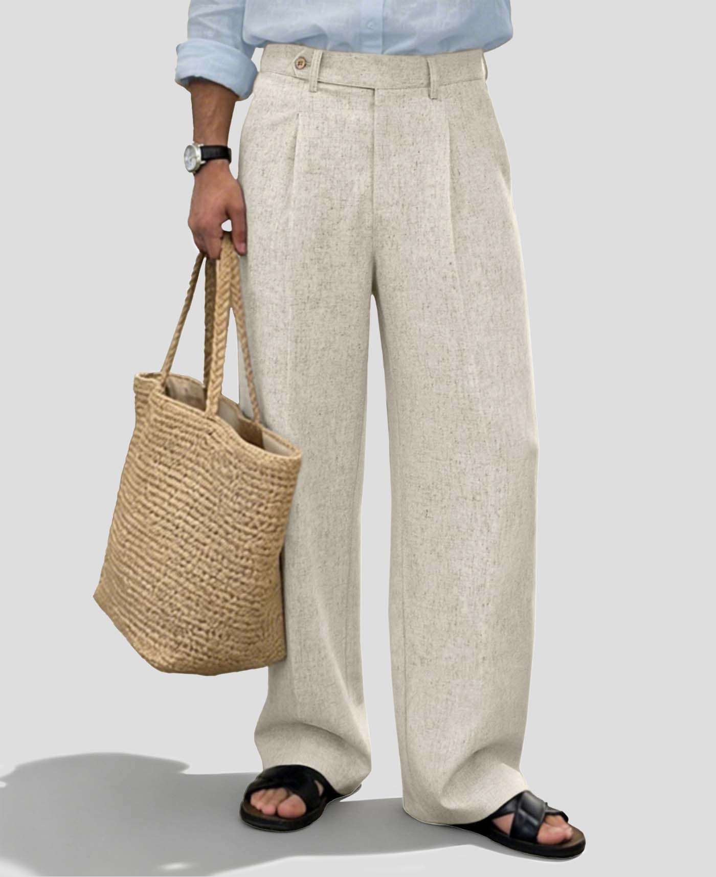 Mens Wide Leg Linen Pants – Sword-shaped Tab & Inner Drawstring