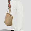 Mens Wide Leg Linen Pants – Sword-shaped Tab & Inner Drawstring