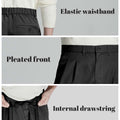 Key details: stretchy waistband, structured front pleats, hidden inner drawstring for personalized fit on men's black dress pants.