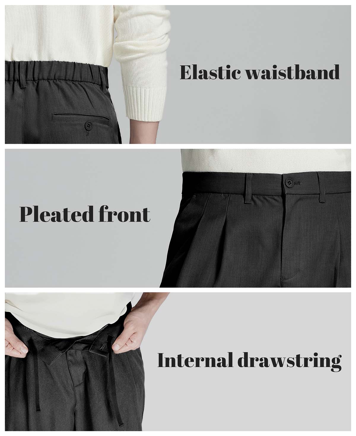 Key details: stretchy waistband, structured front pleats, hidden inner drawstring for personalized fit on men's black dress pants.