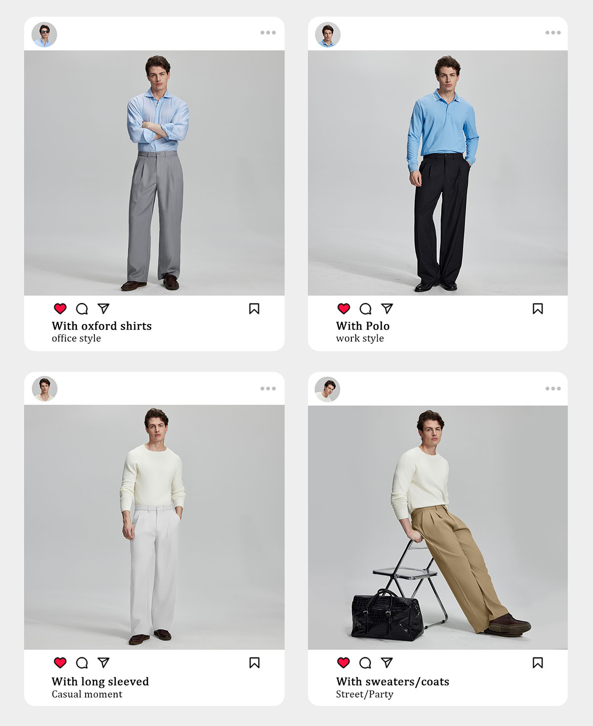 Style it four ways: oxford shirt (work), polo (commute), knitwear (casual), or layered sweater (evening)¡ªall with wide-leg pants.