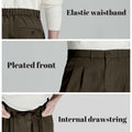 Key details: stretchy waistband, structured front pleats, hidden inner drawstring for personalized fit on men's coffee dress pants.