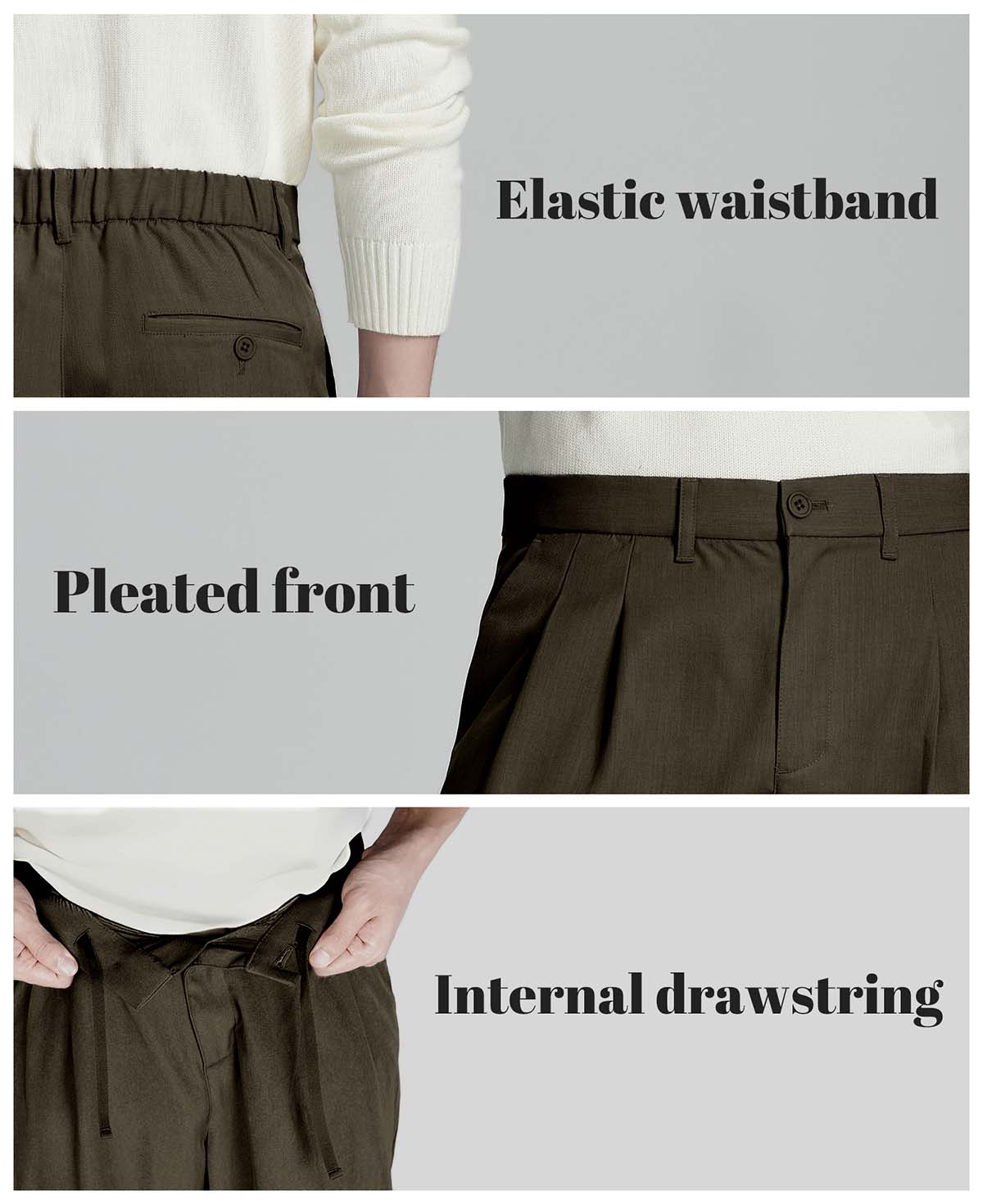 Key details: stretchy waistband, structured front pleats, hidden inner drawstring for personalized fit on men's coffee dress pants.