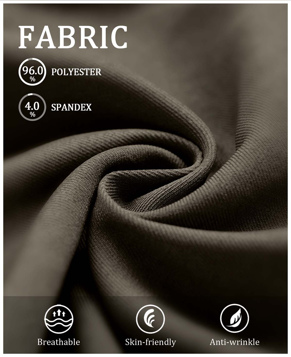 96% polyester + 4% spandex fabric: lightweight, breathable, wrinkle-resistant, and gentle on skin for all-day wear.