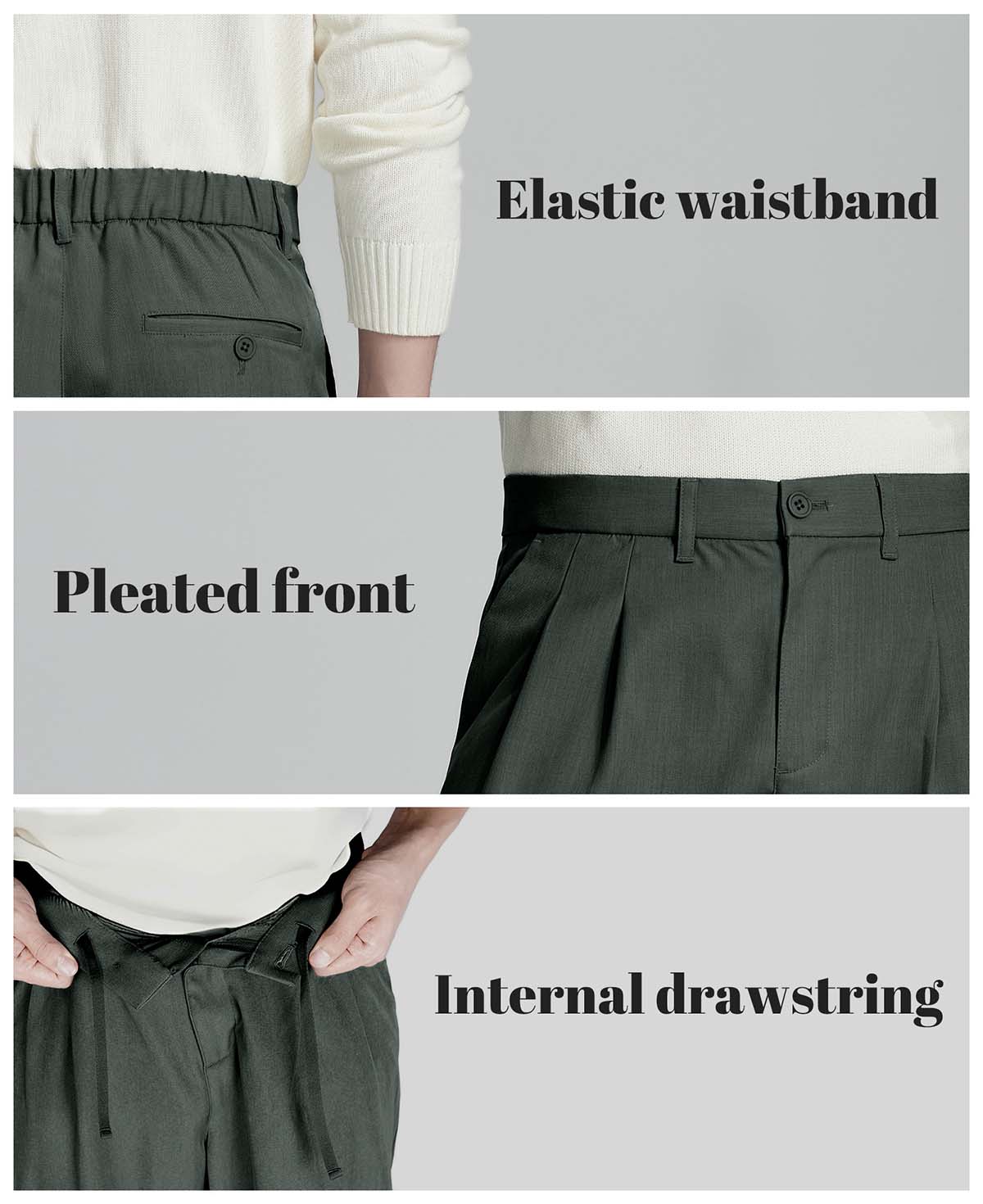 Key details: stretchy waistband, structured front pleats, hidden inner drawstring for personalized fit on men's dark grey dress pants.
