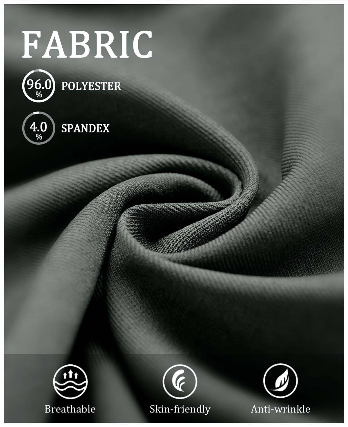 96% polyester + 4% spandex fabric: lightweight, breathable, wrinkle-resistant, and gentle on skin for all-day wear.