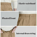 Key details: stretchy waistband, structured front pleats, hidden inner drawstring for personalized fit on men's khaki dress pants.