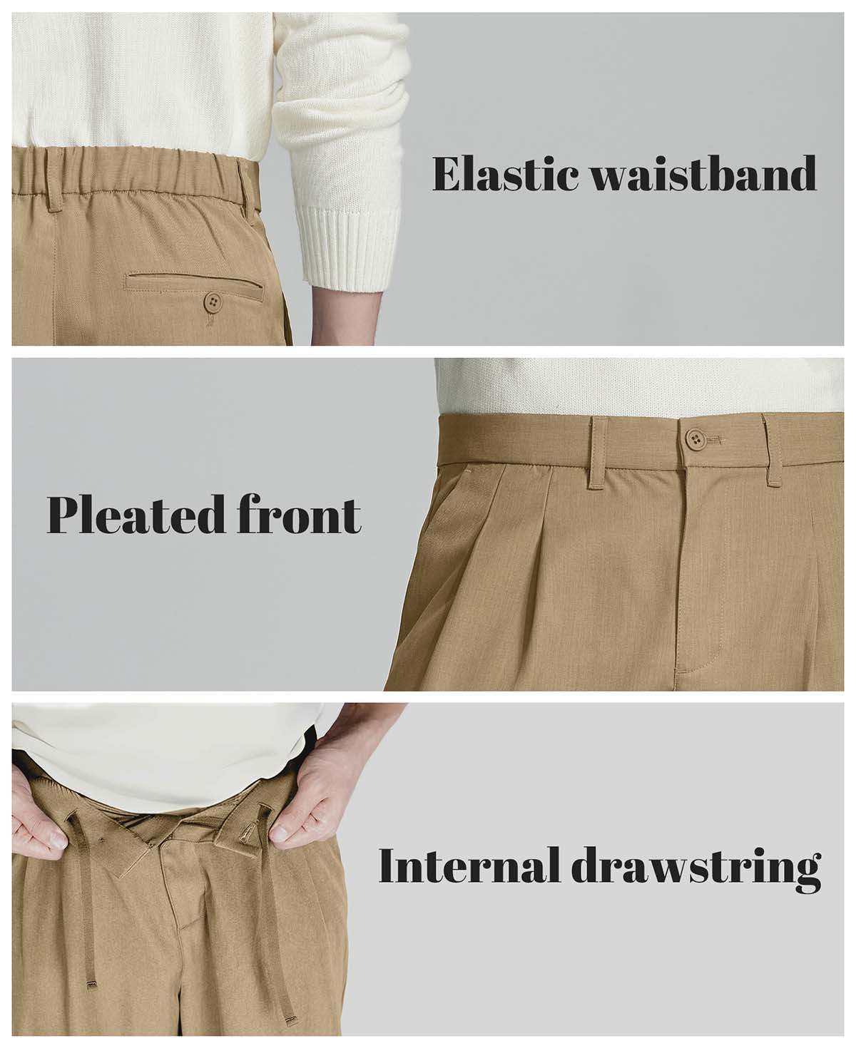 Key details: stretchy waistband, structured front pleats, hidden inner drawstring for personalized fit on men's khaki dress pants.
