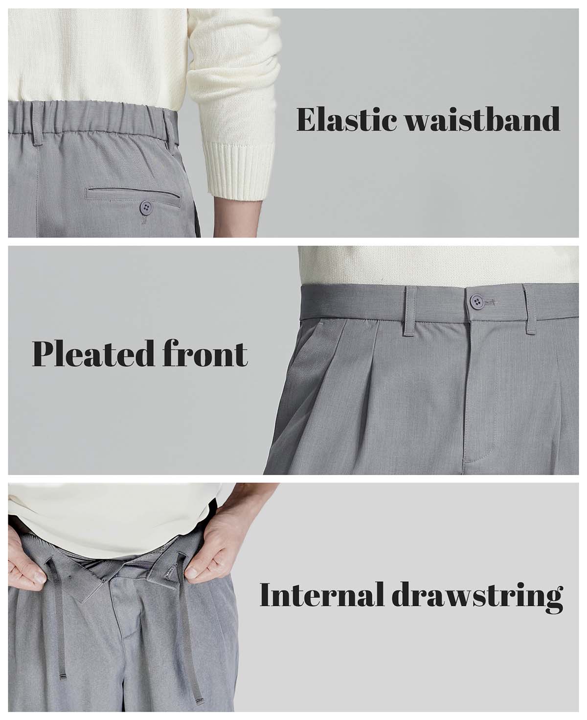 Key details: stretchy waistband, structured front pleats, hidden inner drawstring for personalized fit on men's light grey dress pants.