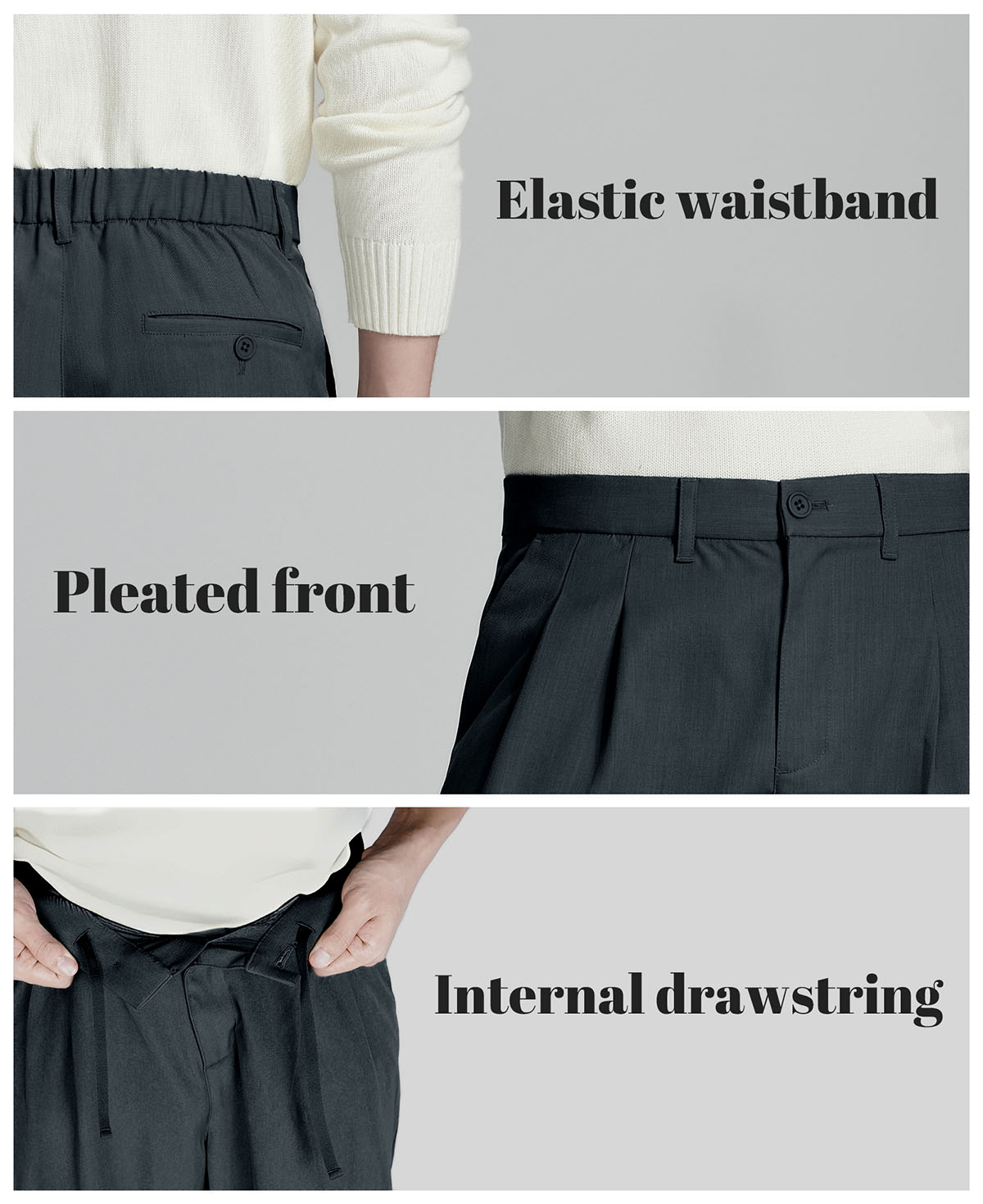 Key details: stretchy waistband, structured front pleats, hidden inner drawstring for personalized fit on men's navy dress pants.