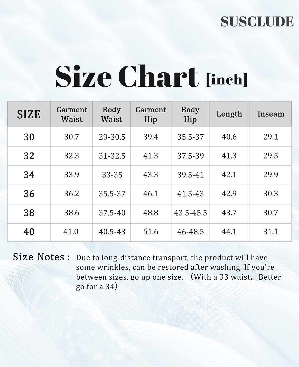 SUSCLUDE size guide (in inches): garment vs body waist/hip, inseam, length¡ªwith tip to size up and note on shipping creases.