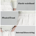 Key details: stretchy waistband, structured front pleats, hidden inner drawstring for personalized fit on men's white dress pants.