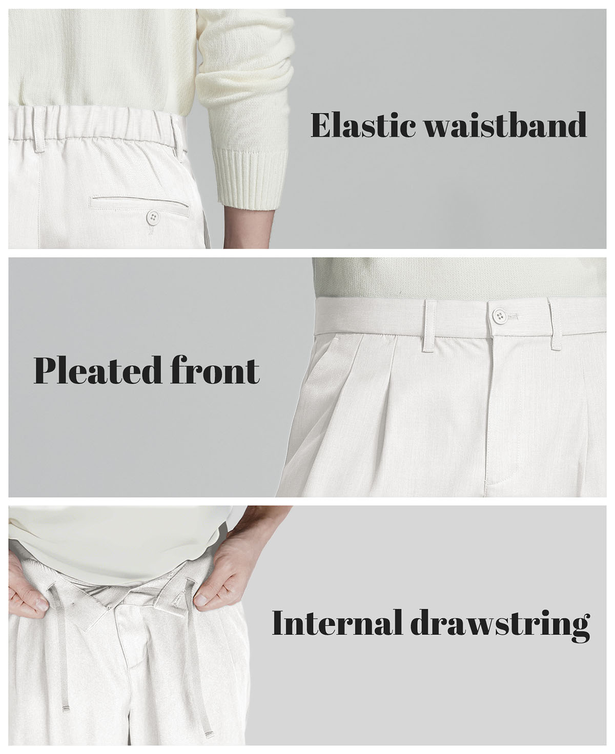 Key details: stretchy waistband, structured front pleats, hidden inner drawstring for personalized fit on men's white dress pants.